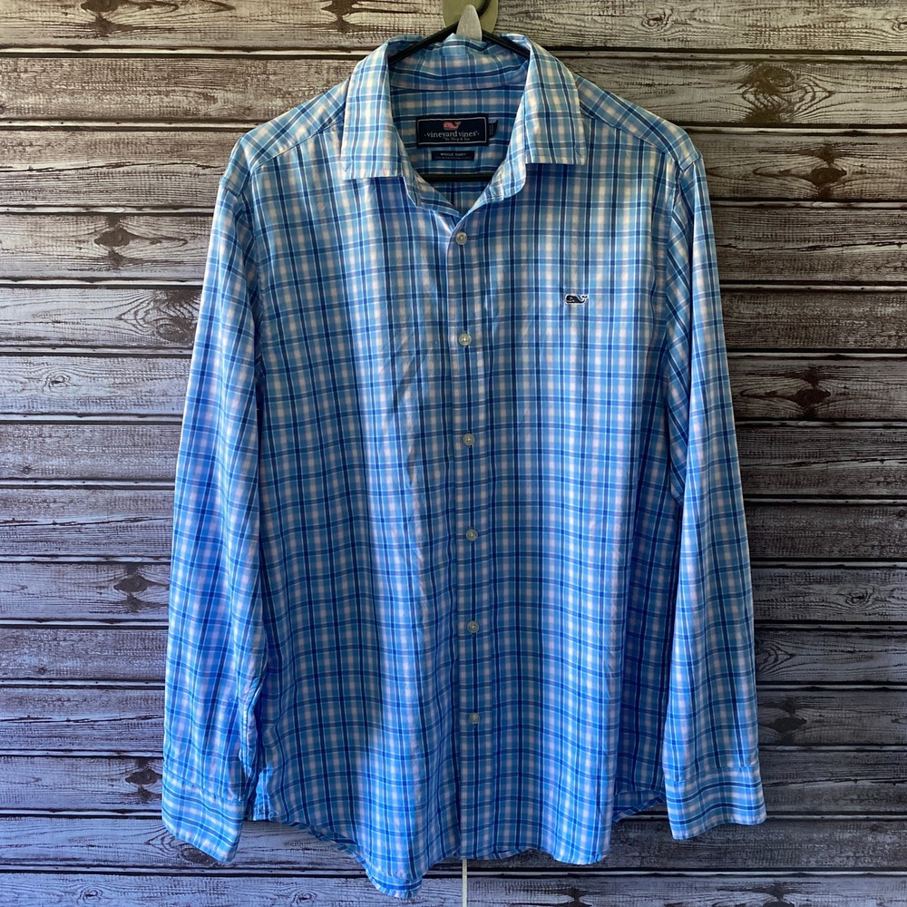Vineyard Vines Men's Long-Sleeved Button-Down Whale Shirt Size M Blue Plaid Logo